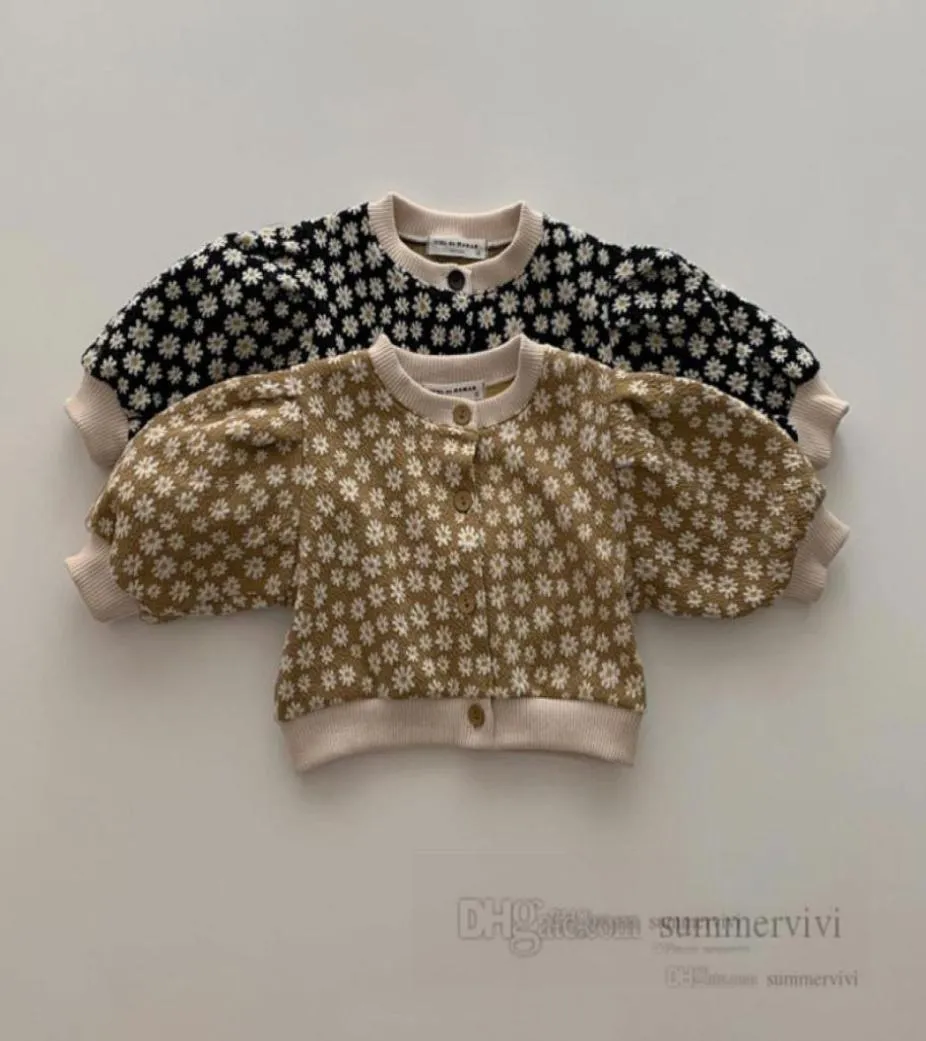 Ins Little Girls Floral gebreide Cardigan Girls Round Collar Puff Sleeve Sweater Sweater Outdowar 2022 Autumn Kids Princess Tops Clothing Q88984612