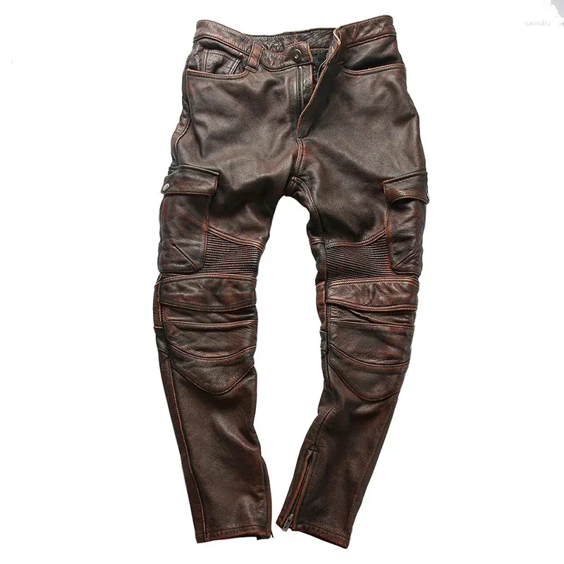 Herenbroek vintage motorfiets fietser mannen echte koeienhuid lederen broek broek ridingthick aziatische maat 5xl