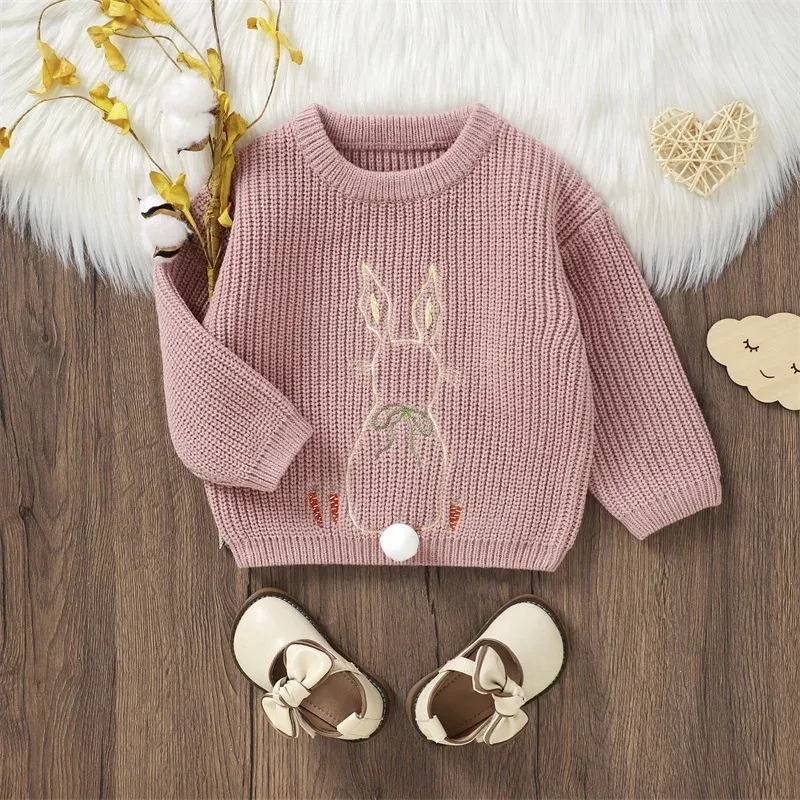 Toddler Baby Girl Easter Sweater Bunny Embroidery Pattern Long Sleeve Round Neck Knitwear Pullover