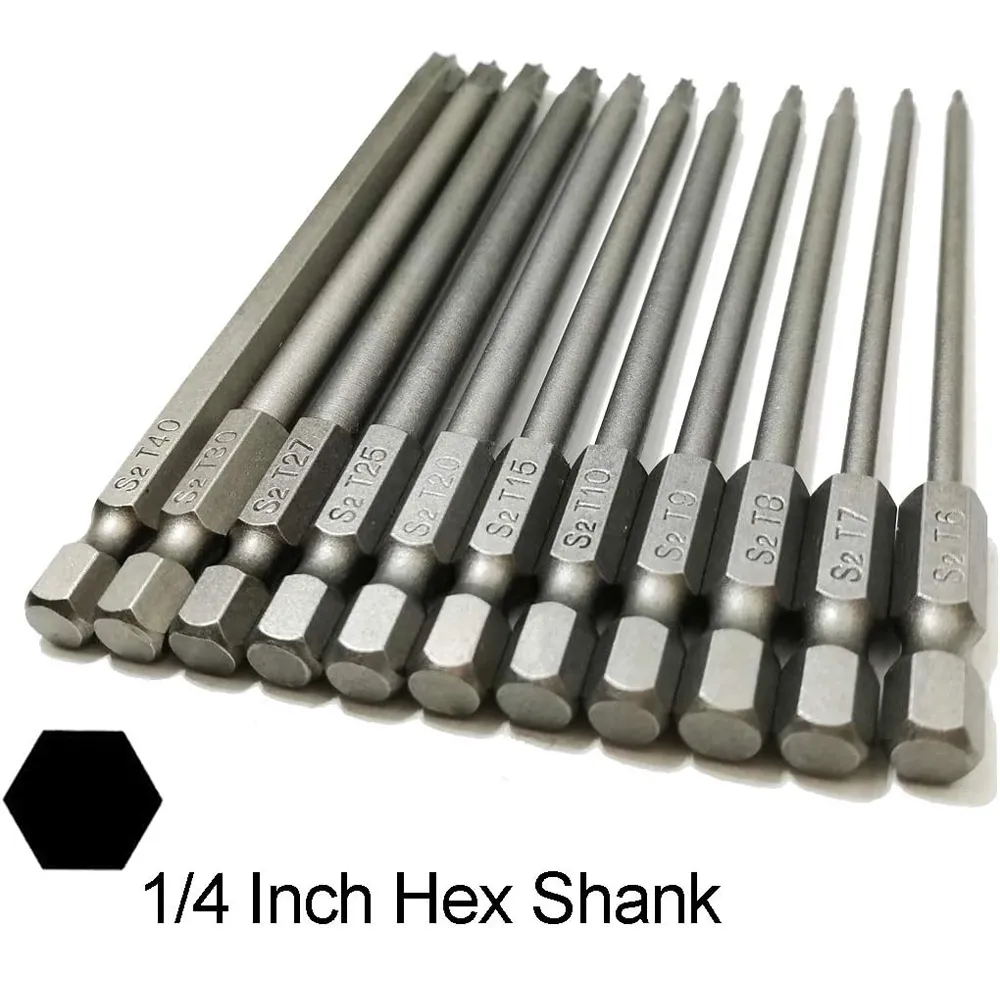 Lot De 11 Embouts Torx Extra Longs – Aimantés, Tige Hexagonale, Acier S2, 100 Mm