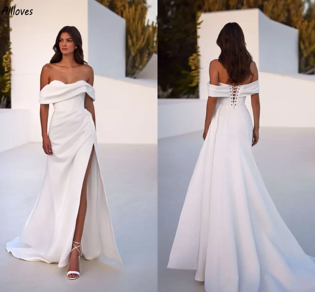 Designer Off Shoulder Mermaid Wedding Dresses with Sexy Side Split White Modern Satin Ruched Bridal Gowns Boho Garden Beach Women Bride Formal Robes de Mariee CL3474