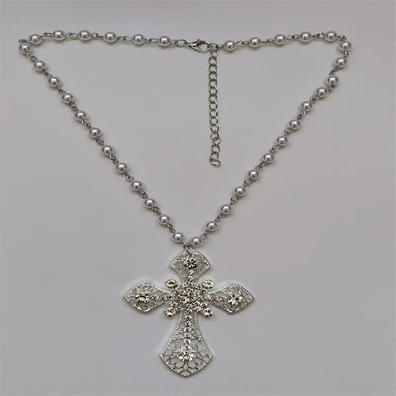 Victoriaanse Big Cross hanger ketting witte parel choker vampire kruis rozenkrans goth punk crystal cross metaal sieraden accessoires