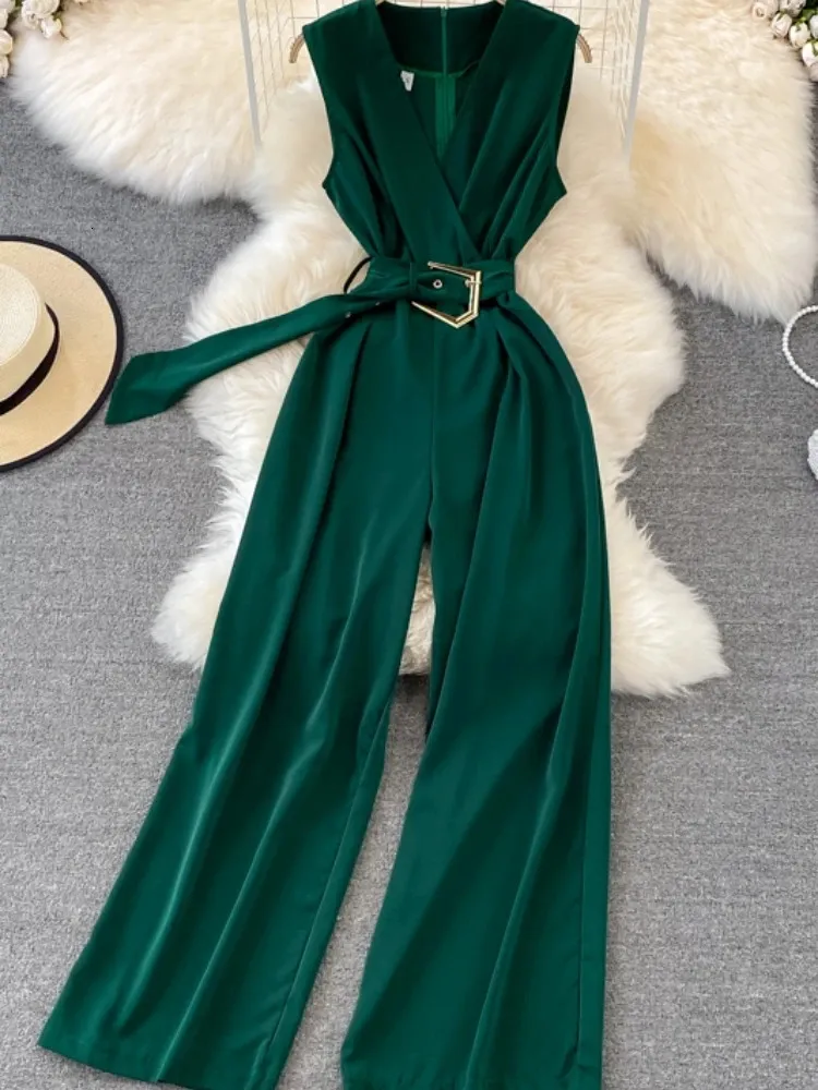 Summer Women Vneck Chiffon Jumpsuits With Belt Office Ladies Retro Rompers Straight Pants Overalls Playsuits Jumpsuit 240409