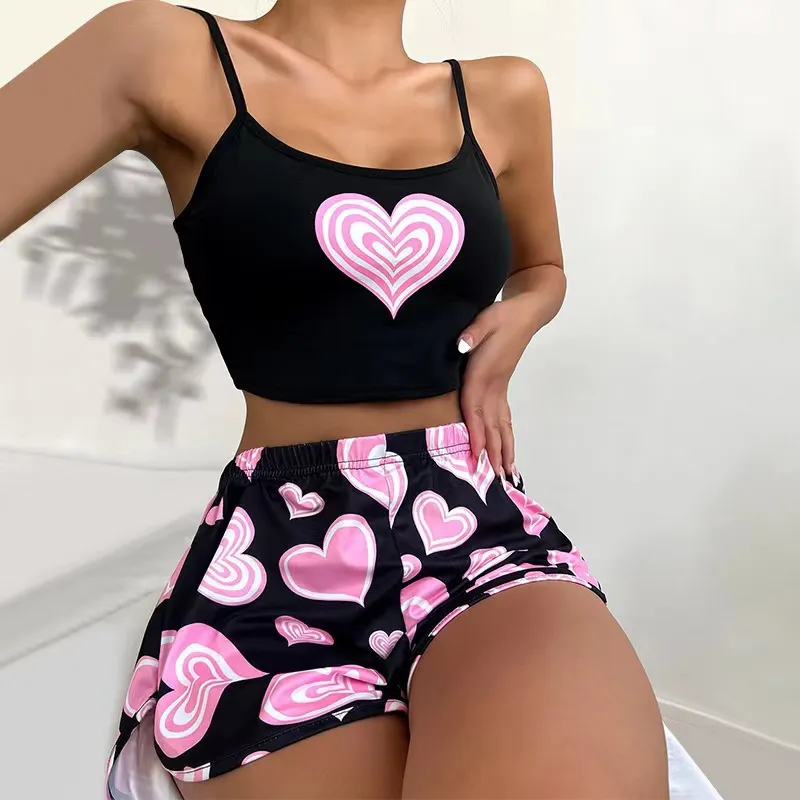 Women's Two Piece Pants New Style 2 Pieces Casual Heart Print Spaghetti Strap Pajamas Set Women Crop Top & Short Sets Sleepwear Lady Home Loungewear