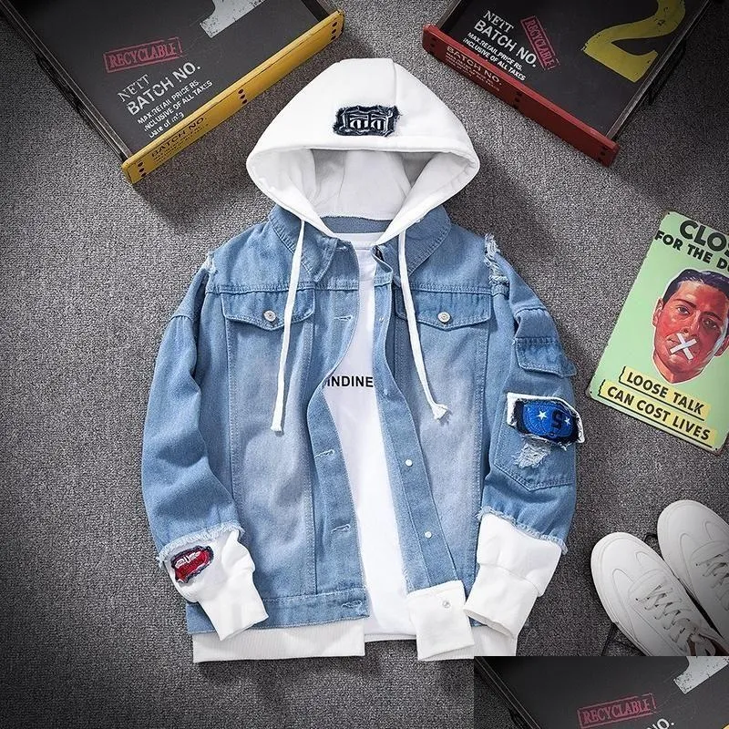 Herrjackor män män denim jacka streetwear hip hop huva jean manlig lös ytterkläder smal fit päls blå falska 2 datorer droppleverans ap dh3bu