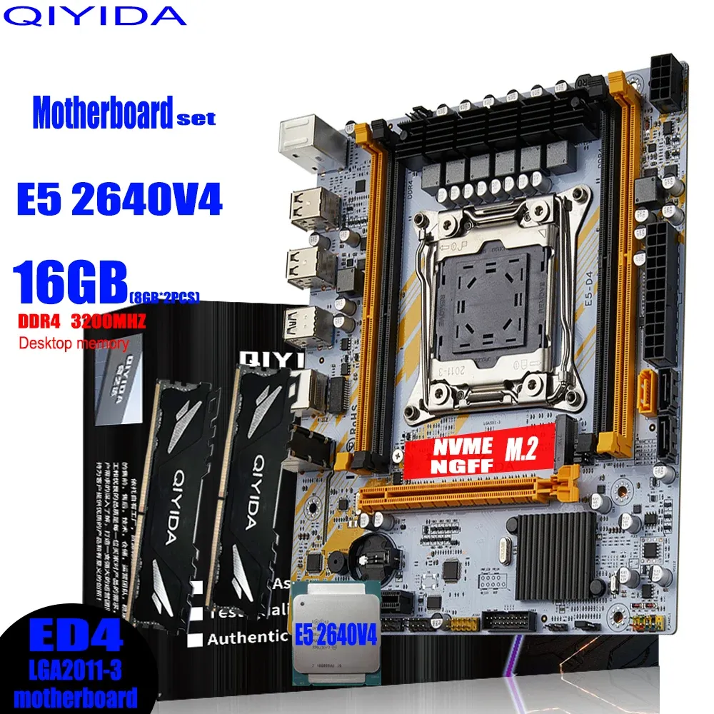 Cartes mères Qiyida x99 Set Kit combo de carte mère LGA 20113 XEON E5 2640 V4 CPU DDR4 16GB (2PCS 8G) 3200MHz Mémoire NVME M.2 SATA3.0