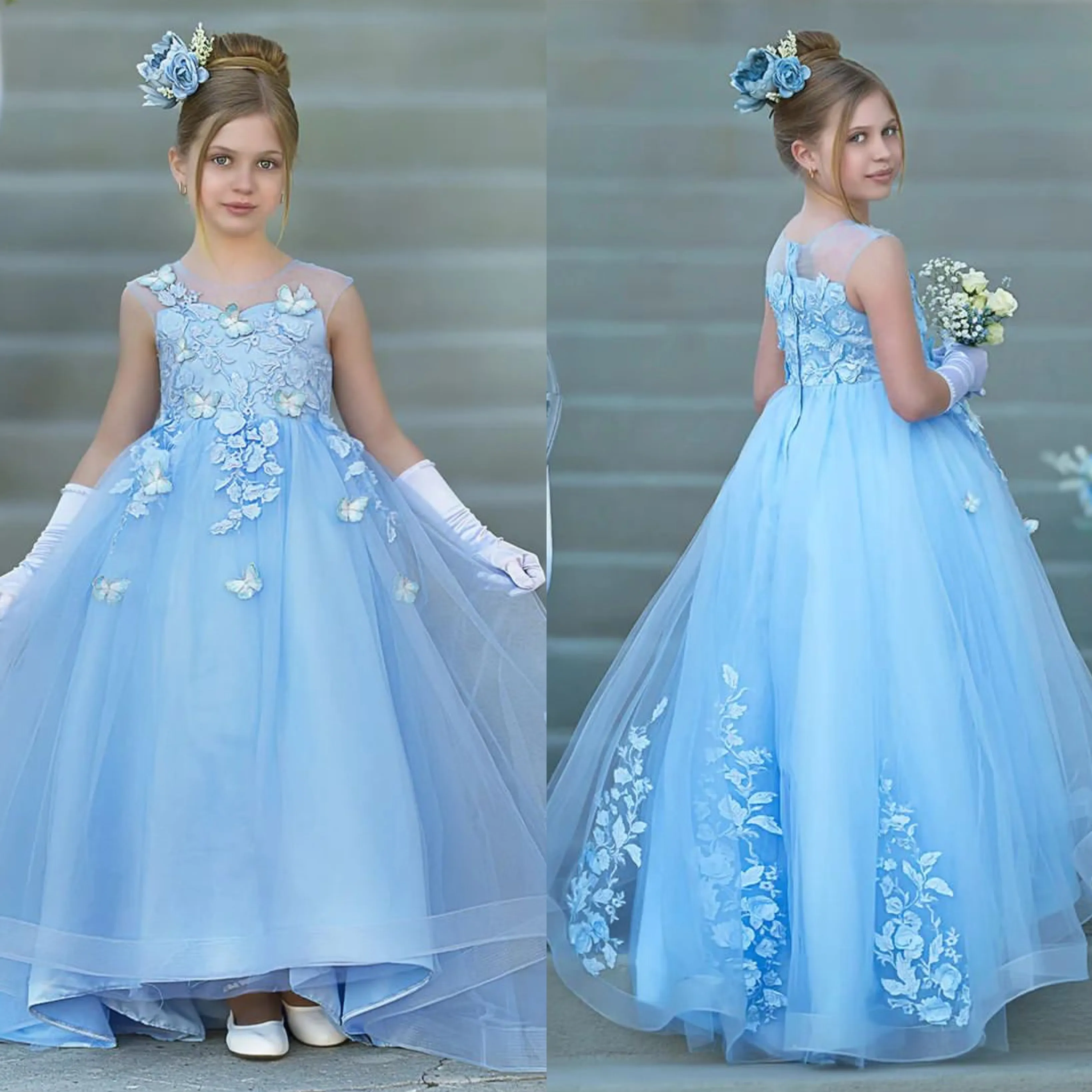 Baby Blue Flower Girls Dresses Butterflies Applicies Girl Pageant Gowns Toddler Första nattvardsklänning golvlängd barn formell slitage