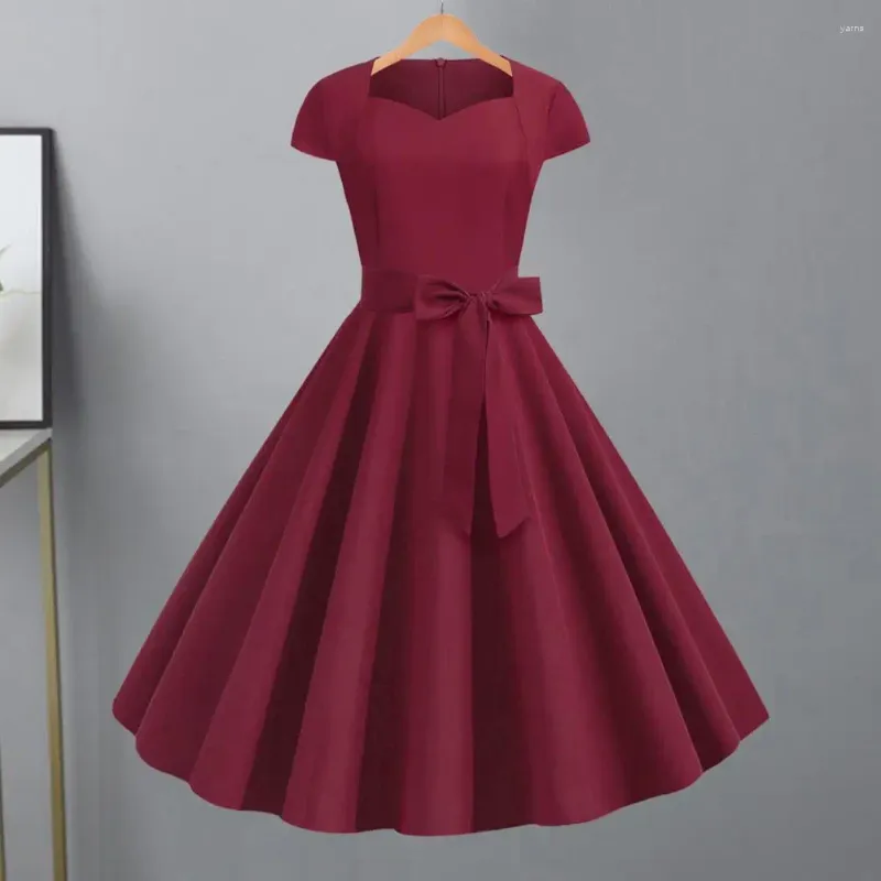 Casual Dresses 1950-talets stilklänning Elegant V Neck A-Line Midi med Belted Bow Detail Retro Princess för kvinnor smickrande hög midja
