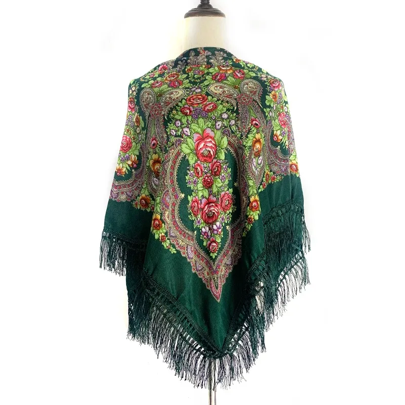 120*120cm Russian Square Scarf Traditional Ukrainian Fringed Shawl Ethnic Travel Shawls Babushka Handkerchief Hijab Head Wraps
