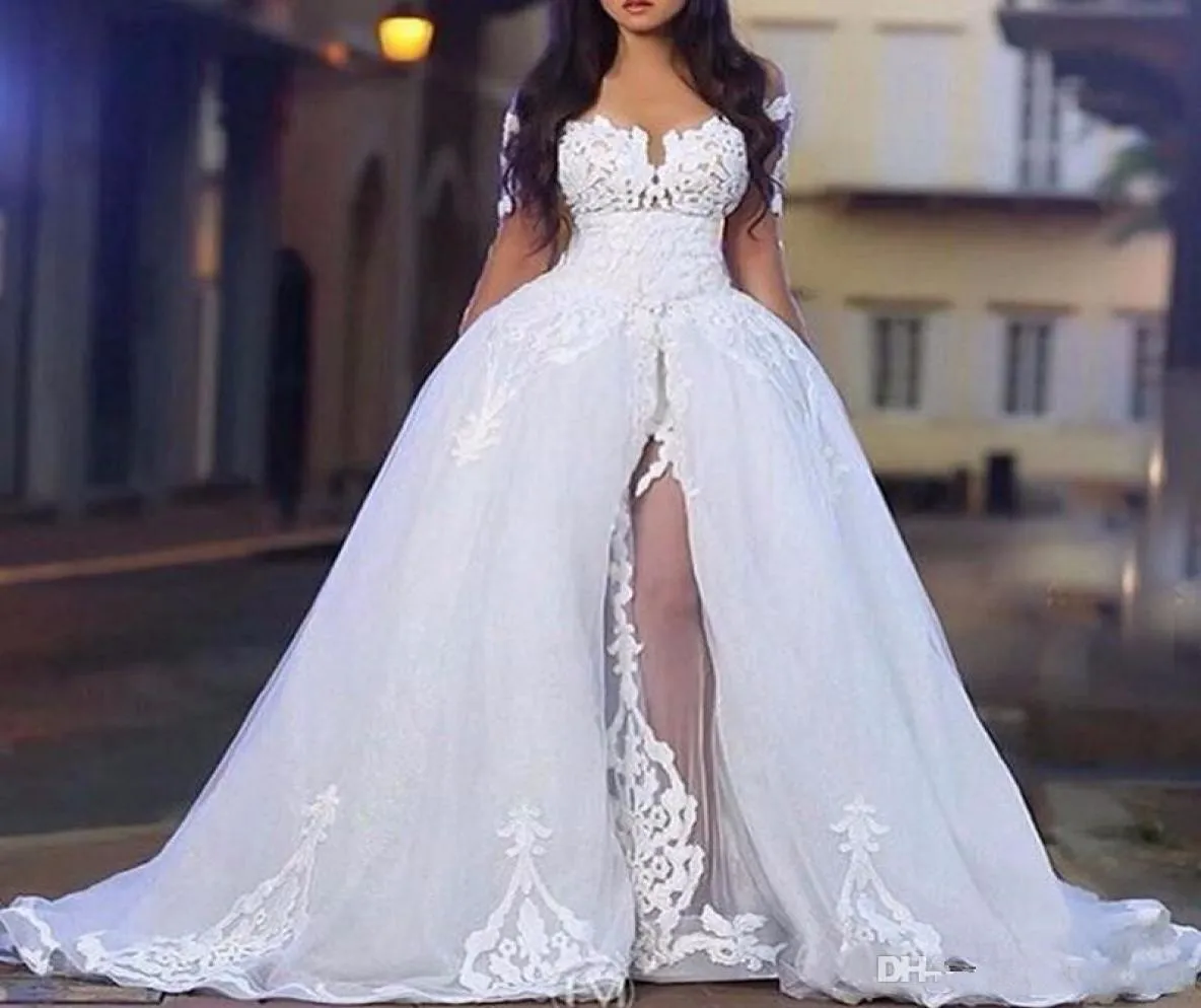 Eleganti abiti da sposa a spalla per donne arabe con overskirt manica lunga abiti da ballo da sposa in pizzo con detachabl1109149