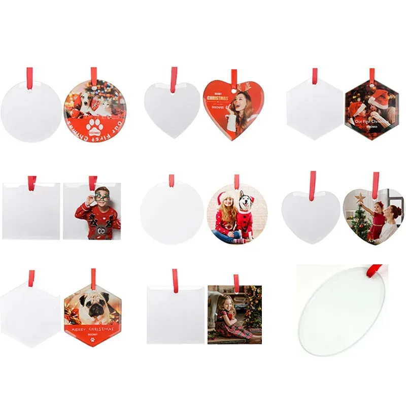 3inch 4Style Sublimation Blanks Glass Christmas Pendant Single Side Heat Transfer Ornaments Festival Decore With Red Ribbon For DIY ZZ