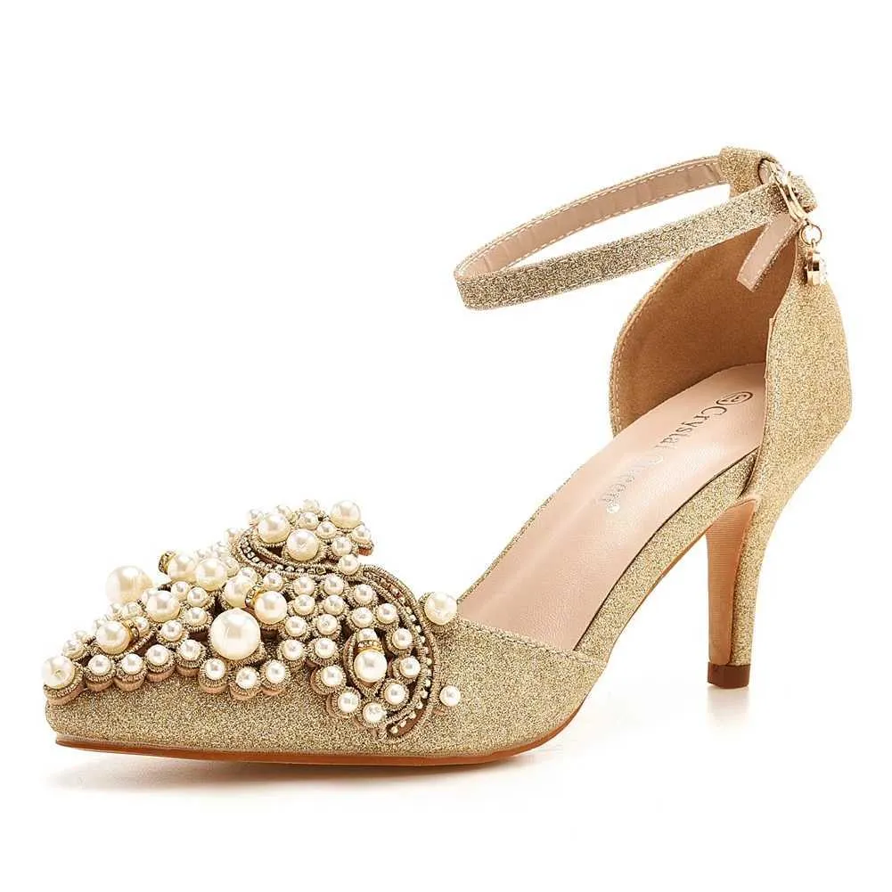 Dress Shoes Crystal Queen Sexy Women Sandals 7cm High Heels Beige Pearl Wedding Bridal Glitter Fetish Stiletto Gold Pumps H240409 7JIM