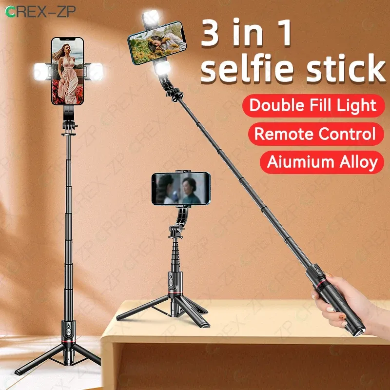 Sticks L12D Foldble Mobile Selfie Stick Stativ med fyllningsljus och fjärrlucka trådlös Bluetooth Aluminiumlegering Selfie Stick