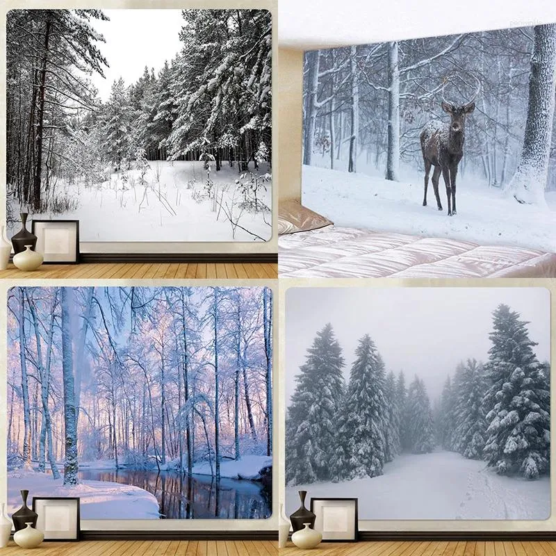 Taquestres personalizáveis florestas de natal neve home tapeçaria cena bohemia parede pendurada no quarto colchão