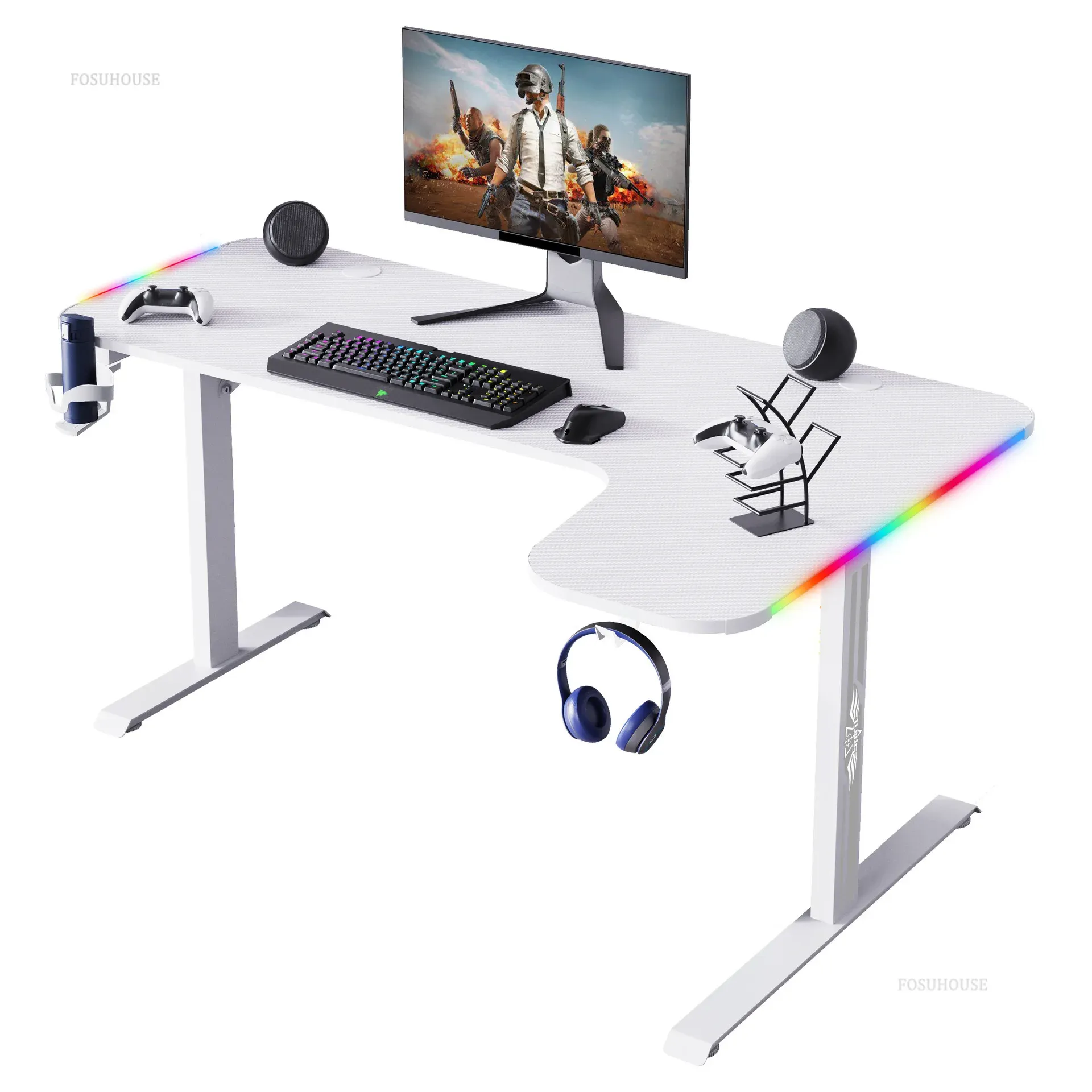 Luksusowe podwójne biurki komputerowe z lekkim narożnym stołem do gier RGB