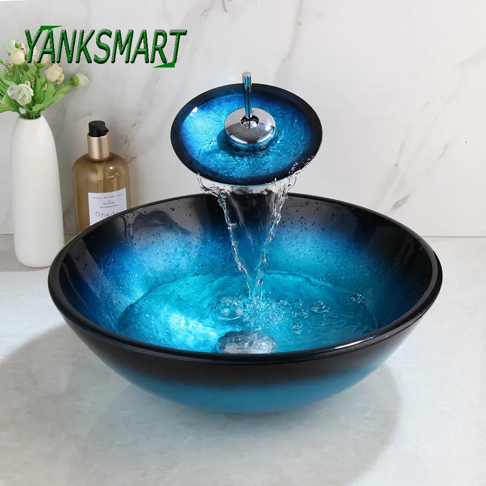 Yanksmart Blue Round Badezimmer Temperiertes Glas Waschbecken Wasserhahn Set Counter Top Waschraum Becken Gefäß Eitelkeitsspüle Mixer Hahn