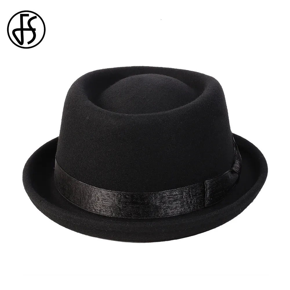 Mens Pork Pie Hats Black Wool Felt Fedora Jazz Hat For Church
