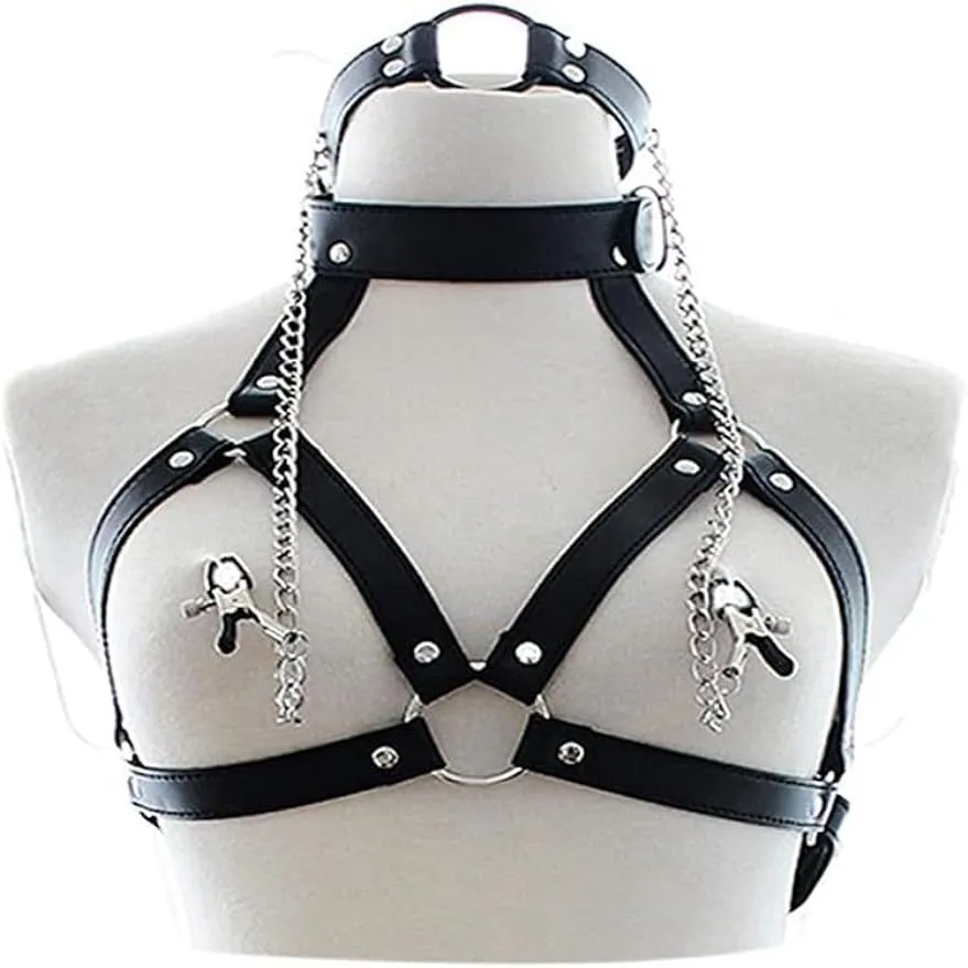 Adjustable Bondage Set - Chest Harness Nipple Clamp Neck Collar and Open Mouth Gag - BDSM Sex Toys and Accessories for Adult Couples Sexy Toys Set and Game Tool