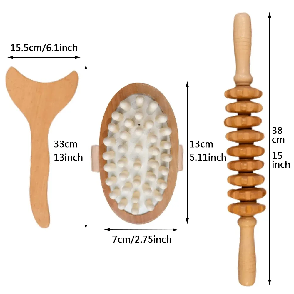 3pcs/set天然木材マッサージャー木製リンパドレナージツールマッサージブラシアームマッサージローラー体筋肉弛緩のため