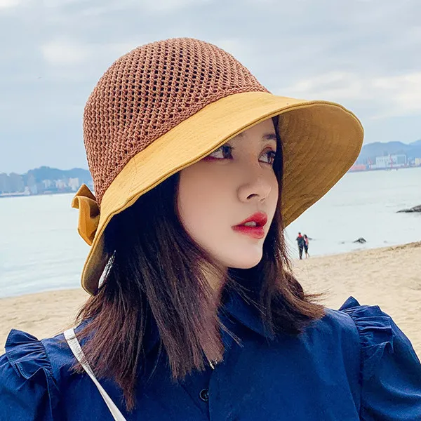 Woven hat Women's spring/Summer Outing UV protection sunblock hat Large eaves bow Fisherman hat Sun