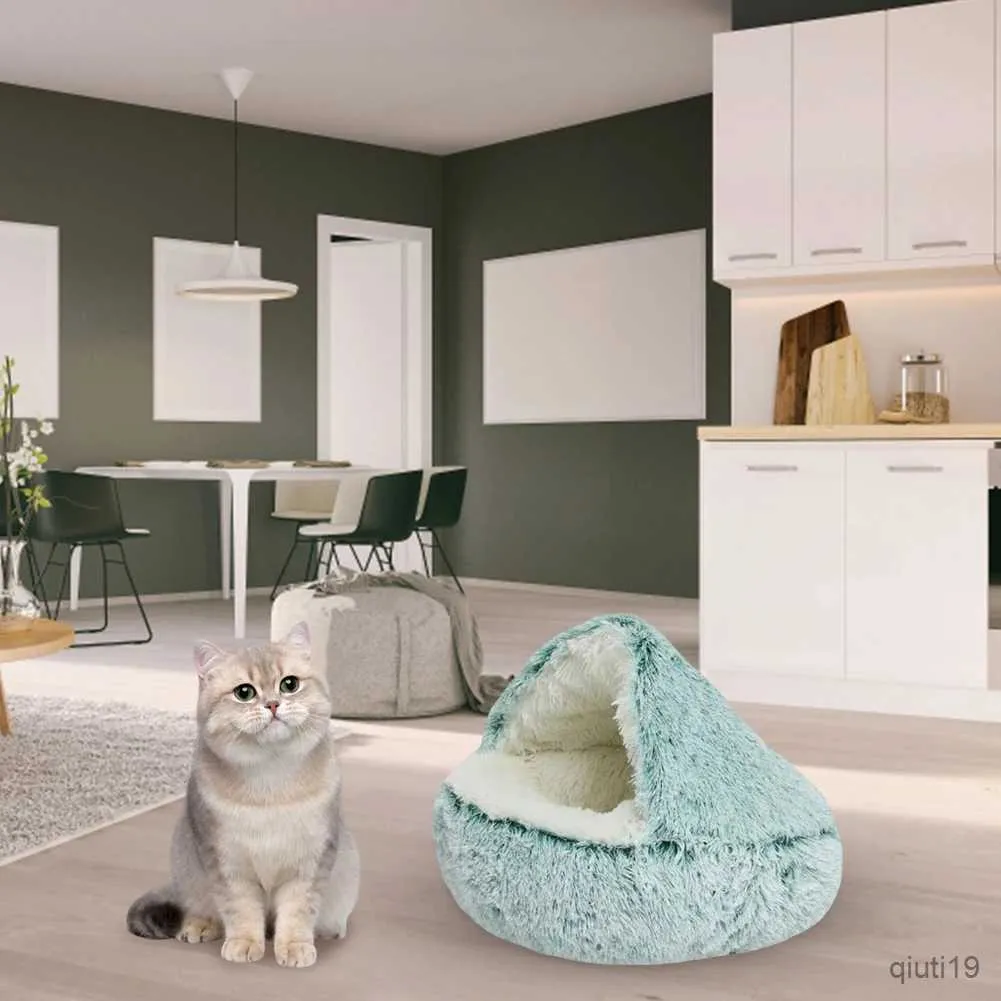 Kattbäddar möbler plysch husdjur katt säng halvsluten mjuk fluffig kudde bekväm varm korg för alla årstider inomhus husdjurstillbehör