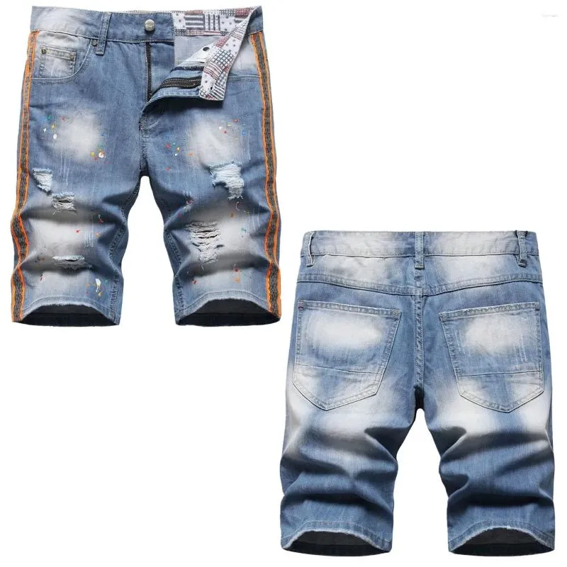 Jeans masculin shorts de mode européens et américains nocturnes trous de sangle colorée à la main pantalon denim de peinture renversée