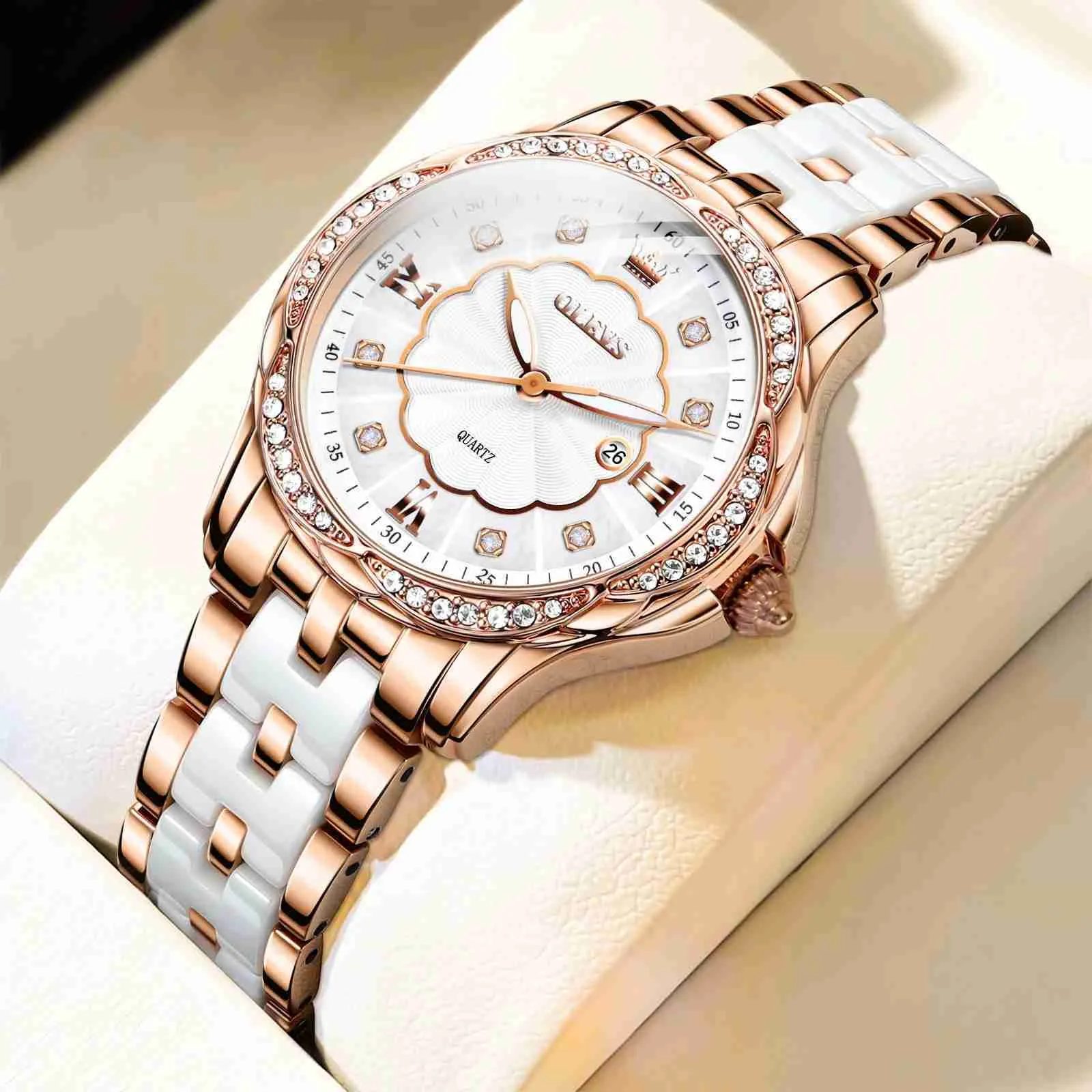Kvinnors klockor Olevs Luxury Brand Watch for Women Ceramic Armband Waterproof Quartz Fashion Wristwatch Elegant Ladies Dress Gifts Reloj Mujer 240409
