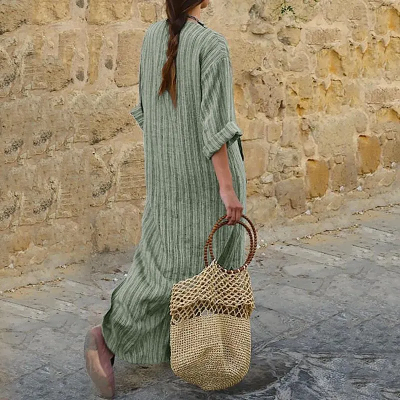 Casual Dresses Women's Summer Cotton Linen Dress Large Size Loose Short Sleeve Oversize Fashion Striped Printed Long