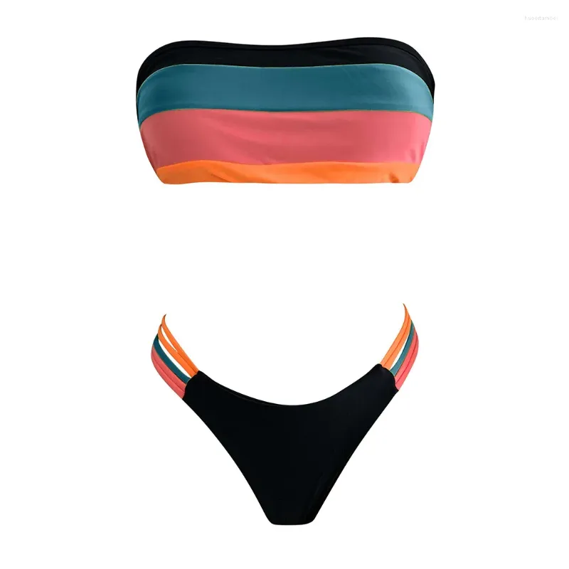 Kvinnors badkläder kvinnor baddräkter kvinnor färgade ränder bikini set push-up vadderad bh bathing strandkläder sommar kvinnliga kostymer