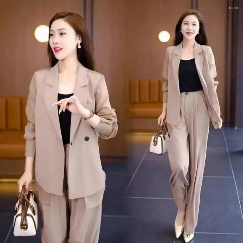 Women's Two Piece Pants 2 Pcs/Set Women Formal Coat Set Business Wide Leg High Waist Long Mesh Sleeve Spring Summer Suit OL Outfit