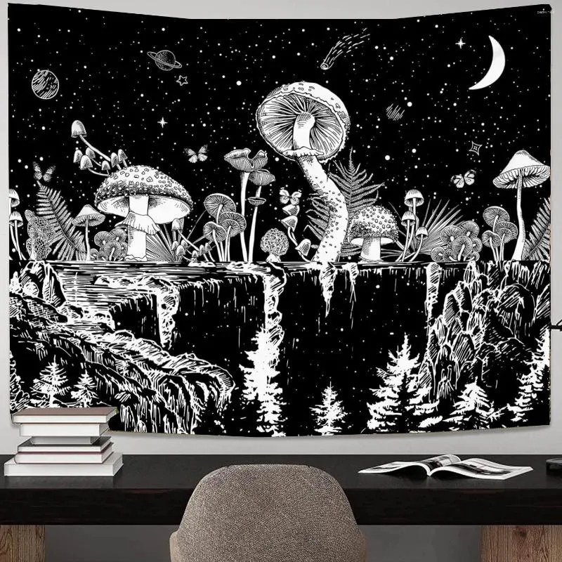 Tapissries Mushroom Moon Tapestry Decorative Mountains Wall Cloth Home Living Room Simple Art Hanging Boho Eesthetic