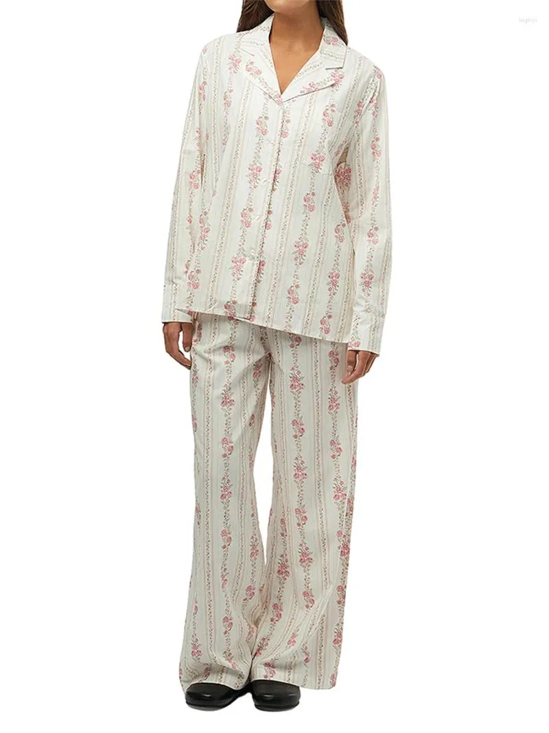 Roupas em casa Mulheres impressão de frutas pijamas lounge conjunto y2k floral 2 peças roupas casuais manga longa botão para baixo camisa de perna larga calças de perna larga