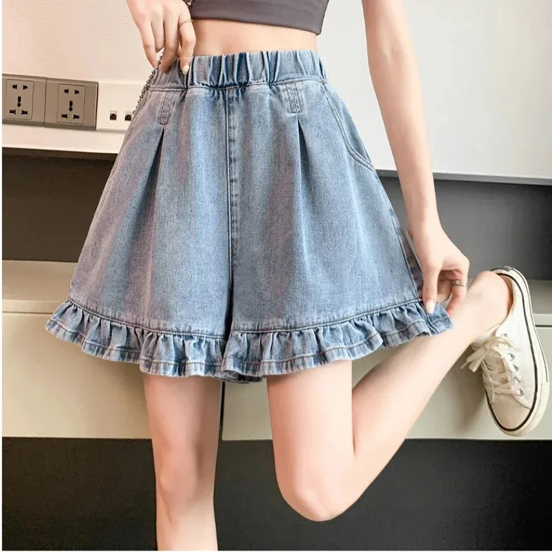 Großgröße Rüschenkante Frauen Denim Shorts Sommer süße elastische Taille Demin Short Hosen Y2K Chic Streetwear 6xl 240409