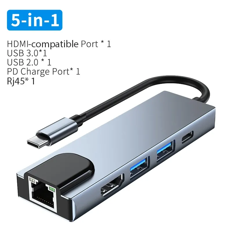 Hubs 5 en 1 USB C Hub typec à 100m RJ45 Adaptateur LAN Prise en charge du réseau Ethernet 100 Mbps pour les ordinateurs portables MacBook Air Pro