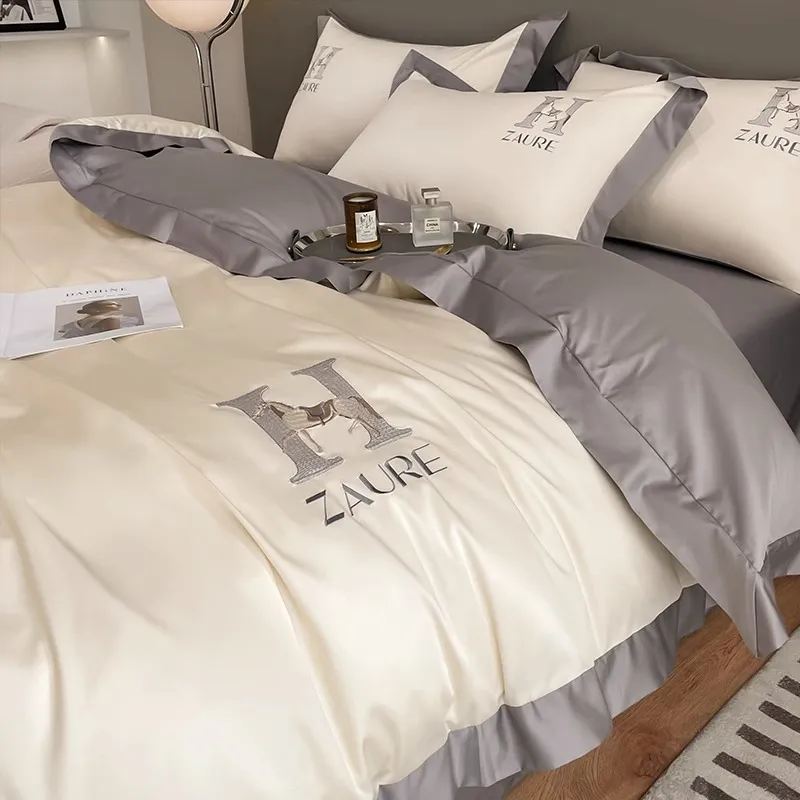 Classe haut de gamme A 100 Pure Cotton Pure Cotton Four Piece Set, All Cotton Simple Nordic Light Luxury Style Australian Cotton Quilt Cover, Color Color Litch