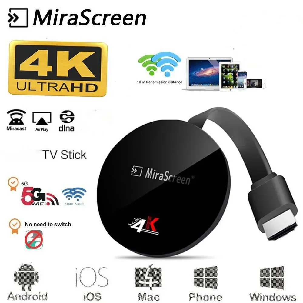 Box Mirascreen TV Stick Box 2.4G 5G 4K Digital Dongle للتلفزيون Miracast Airplay شاشة WiFi WiFi لنظام التشغيل iOS Windows Andriod PC