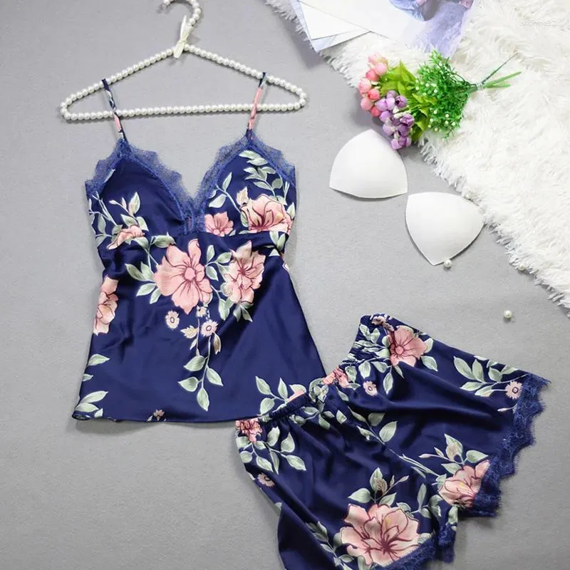 Hemklädertryck Floral Spaghetti Strap Women Pyjama Set Silk Satin Lace Chest Pad underkläder Sleepwear 2024 Sexig V-hals Tvådeluppsättning