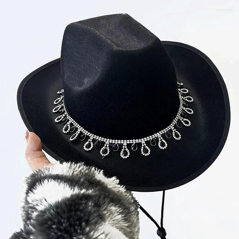 Berets Western Rhinestone Cowboy Hats błyszcząc Cowgirl Hat Classic Black Finel Roll Up Brim and