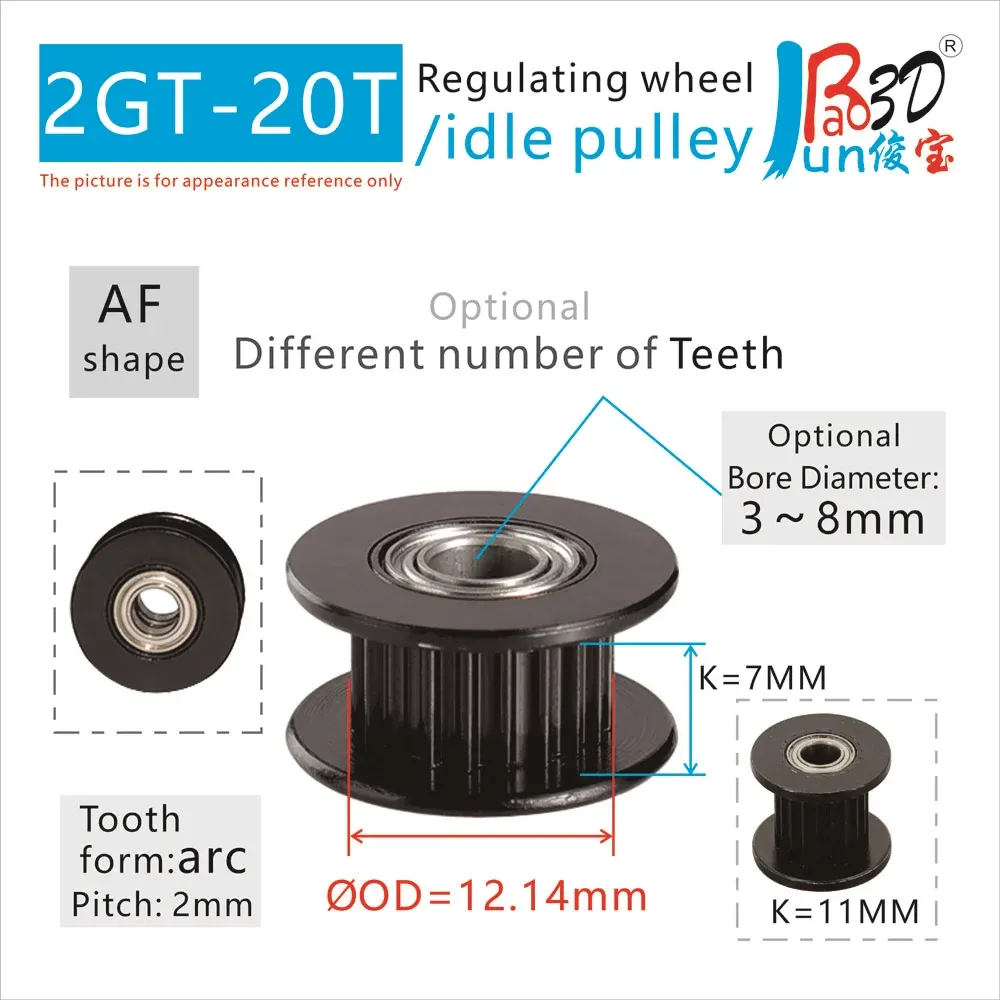 Svart 2GT 20 tänder som reglerar hjul GT2 20T Idle remskiva utrustad med lagerbältesbredd 6 9 10mm 3D -skrivare CNC -driven remskiva