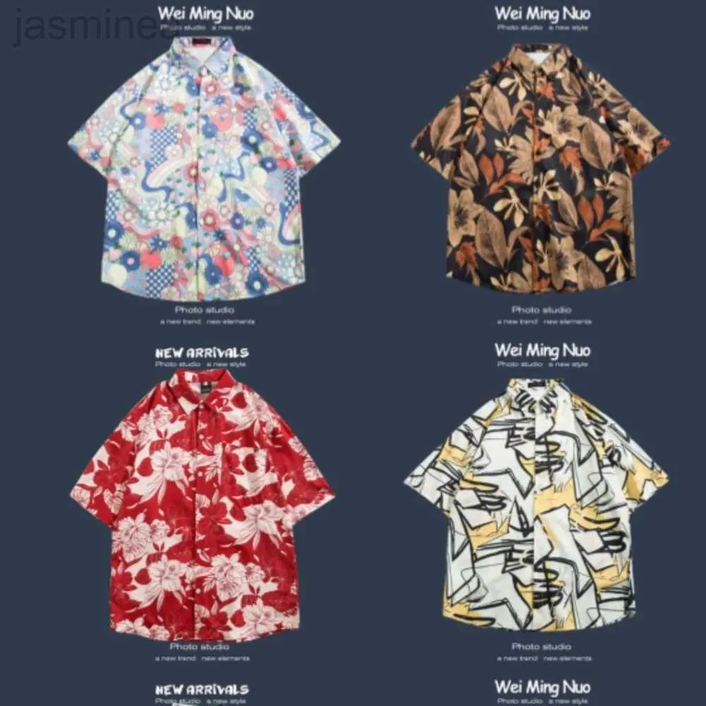 Mäns avslappnade skjortor 2024 Summer Floral Blus Short Sleeved Loose Korean skjorta för pojkar och pojkar rufsade och stiliga topp Hawaii -semesterskjorta 2449