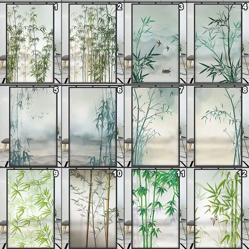 Window Stickers Chinese Bamboo Forest Pattern Privacy Film Landscape Stained Glass Frosted Static Cling Sticker