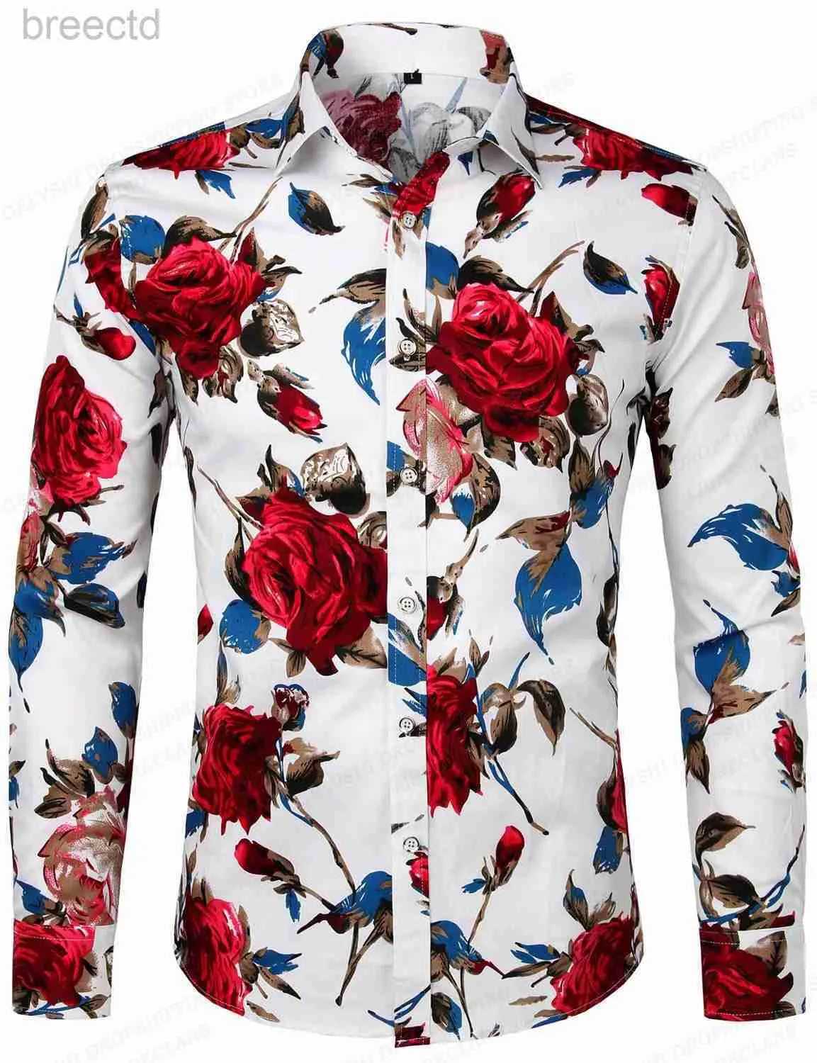 Mäns casual skjortor röda rose hawaiian skjortor blommor tryck skjortor män mode skjorta långärmad strandblus vit blus herr klädnads yrke 240409