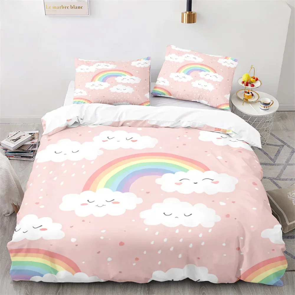 Rainbow Däcke Cover Set Love Rabbit Ear Sweet Kawaii Mönster COVER COVER King Queen Twin Full Size Polyester Bedding Set