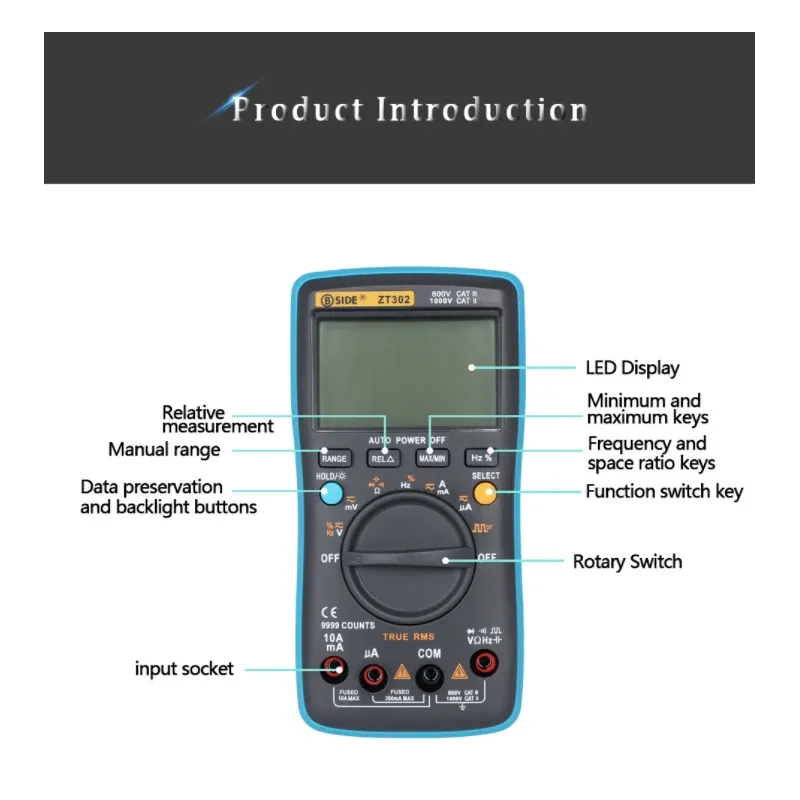 デジタルマルチメーターZT302 TRUE-RMS 9999カウントDC/DA電圧メーターデジタル電流電圧OHM HZ TEMP TESTER AMMETER MULTIMETER