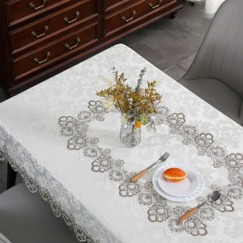 Masa örtüsü dikdörtgen beyaz yemek masası kumaş saten jakard Avrupa masa kapağı yuvarlak işlemeli toz kapağı masa dekorasyon