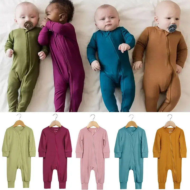 Bambu fiber baby blixtlås fot romper baby pojke tjej kläder nyfödd onesie baby jumpsuit solid långärmad baby pyjamas 0-24 månader