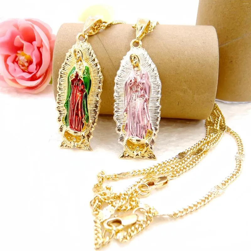 Naszyjniki wiszące złoto malarstwo Virgin Mary Mama wisieant/amulet religijna biżuteria Virgen de Guadalupe Naszyjnik
