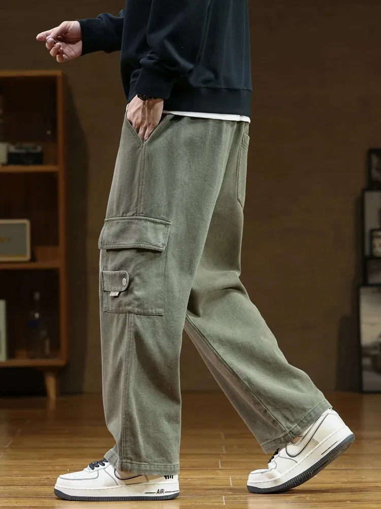 Autumn Cargo Pants Men Multi-Pockets Cotton Casual Wide Pants Mane Workwear Loose Straight Trousers Big Size 7xl 8xl 240326