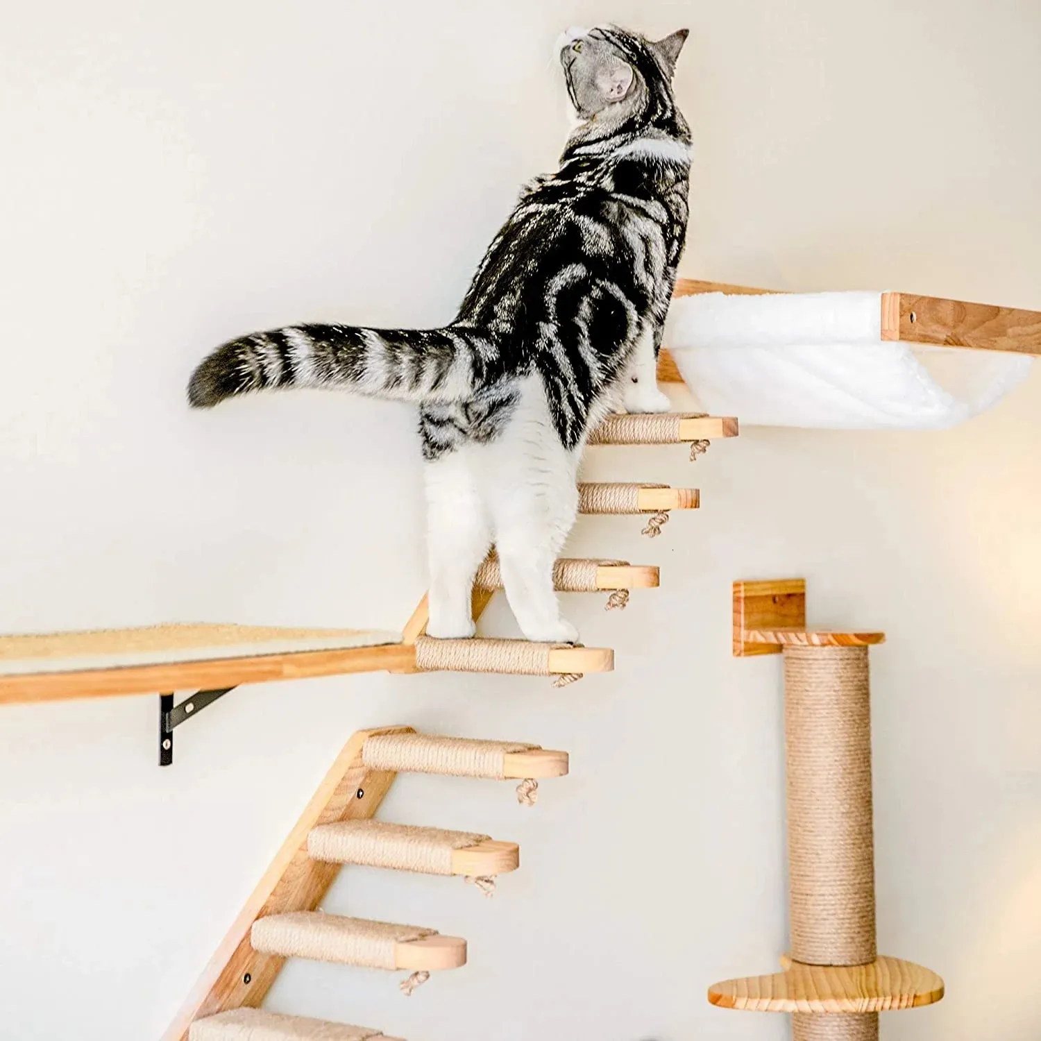1pcCat Scratching Climbing Post Wall-mounted Cat Hammock Bed Pet Furniture Kitten Wall Shelf Set Cat Perch Wooden Cat Tree House 240401