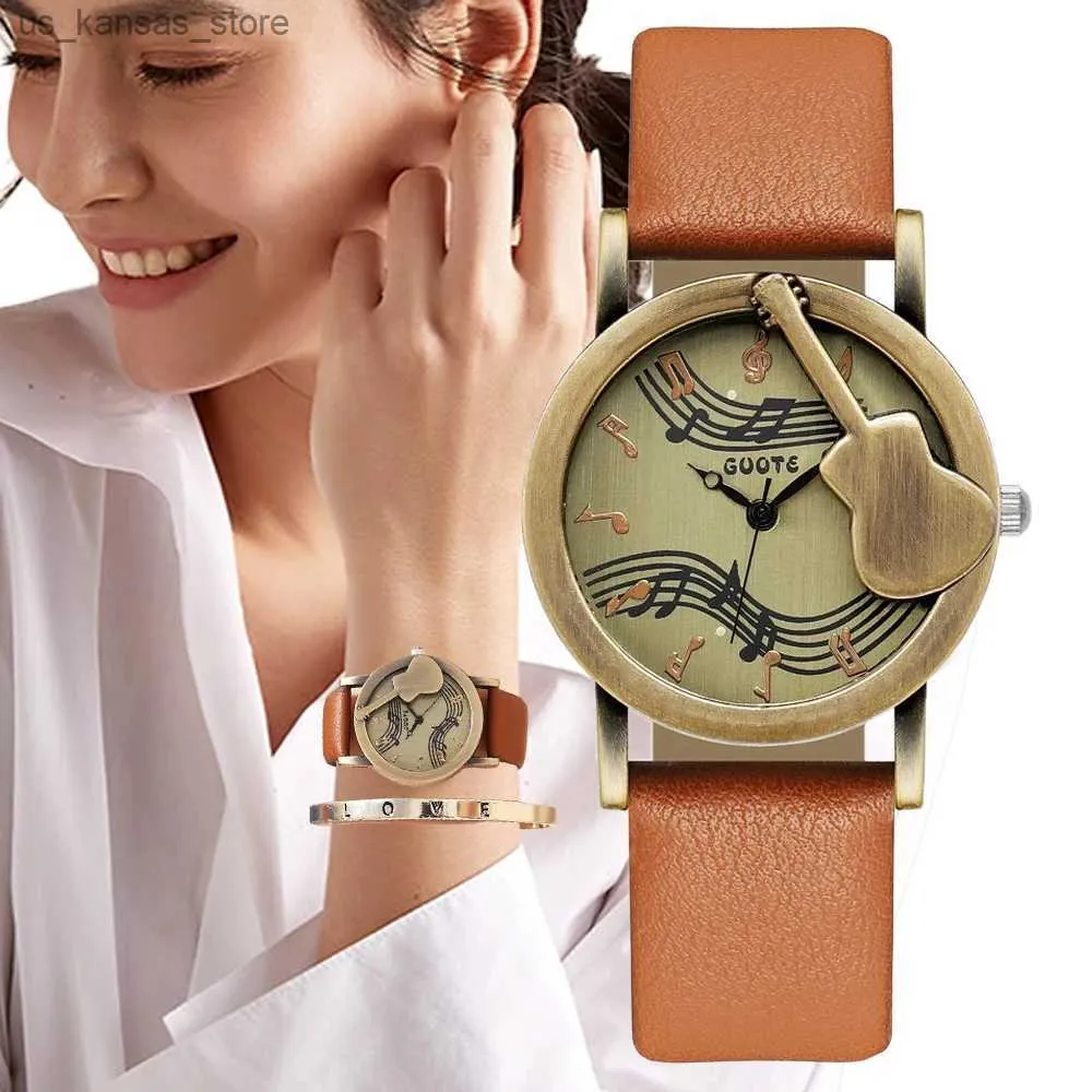 Montre-bracelets vintage note de guitare Design Womens Quartz 2024 Hot Sell Casual Fashion Brown Leather Strap Dames Robe Horloge ES240409